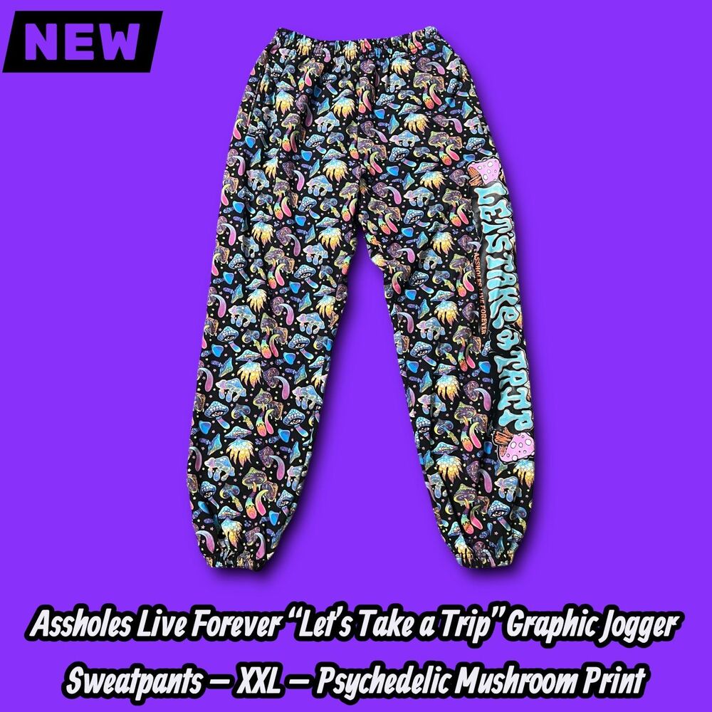 ALF “Let’s Take a Trip” Psychedelic Mushroom Jogger Sweatpants – XXL – Black Mul